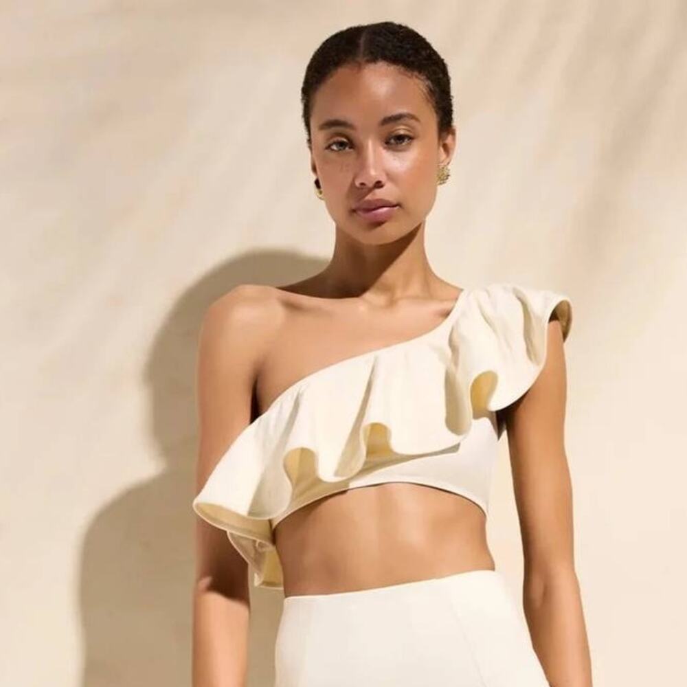 Marie Oliver Doris One Shoulder Ruffle Bikini Top Turtledove M NWT Elevated Chic